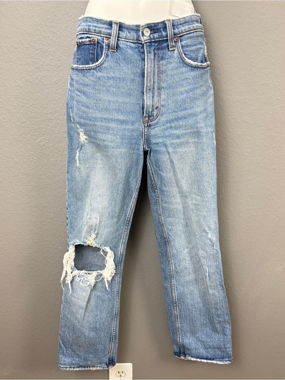 Abercrombie Fitch Ultra High Rise 90s Straight Jeans Distressed Blue Sz 27 4 S - Picture 10 of 10